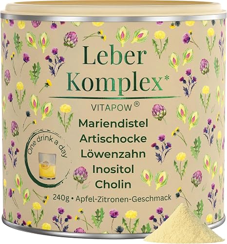 Leber Komplex als Trinkpulver mit Mariendistel Artischocke Löwenzahn Cholin Inositol - ohne Zuckerzusatz vegan in Deutschland hergestellt - Apfel-Zitronen-Geschmack - 60 Portionen für 2 Monate