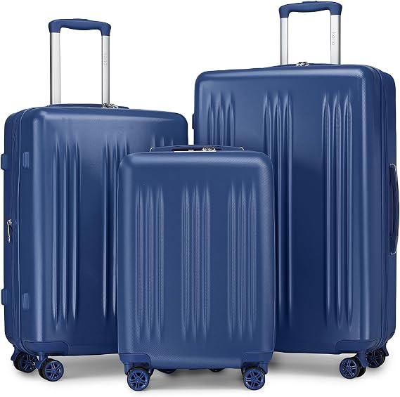 Kono 3 Piece Expandable Luggage Set with Spinner Wheels Hardshell, Navy