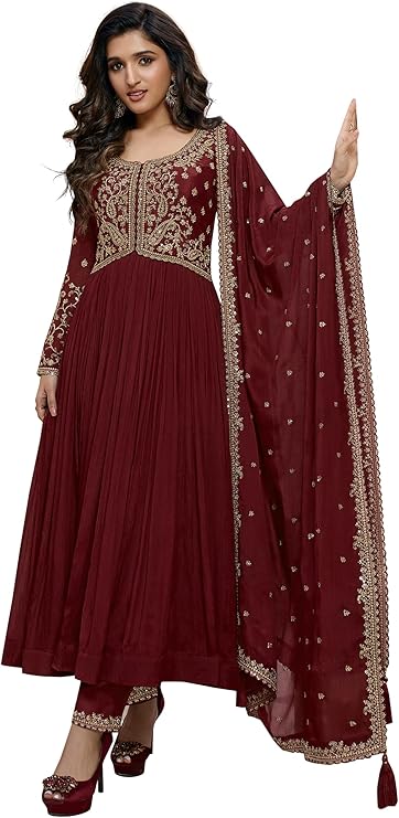TRENDMALLS Women's Silk Blend Embroidery Work Anarkali Kurta Pant Set with Dupatta