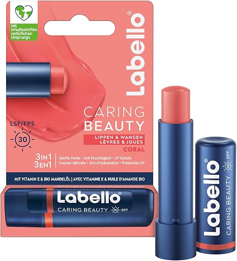 Labello Caring Beauty Coral Lip Balm with Colour and Sun Protection Coloured Lip Care with SPF 30 Vitamin E & Organic Almond Oil Lip Balm for Lips & Cheeks (4.8 g)