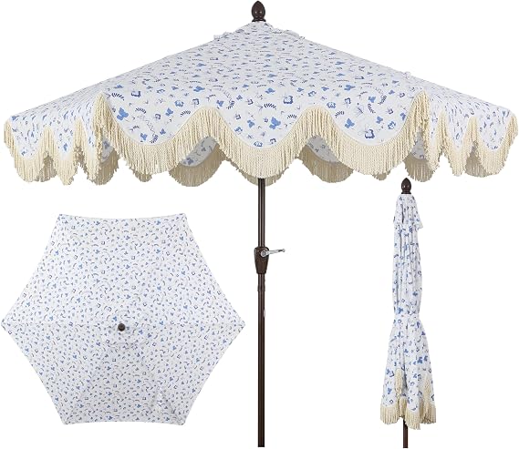 JONATHAN Y UMB1001 Collins 9 ft. Classic Cottage Tassel Market Patio Umbrella with Auto-Tilt, Crank, Wind Vent and UV Protection