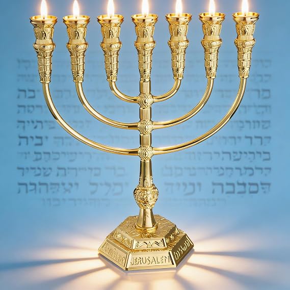 Gold Plated Menorah 7 Branch Hanukkah Menorah Candle Holder - Jewish Menorahs 7 Arm Candlestick Holder - Chanukah Candle Holders Shabbat