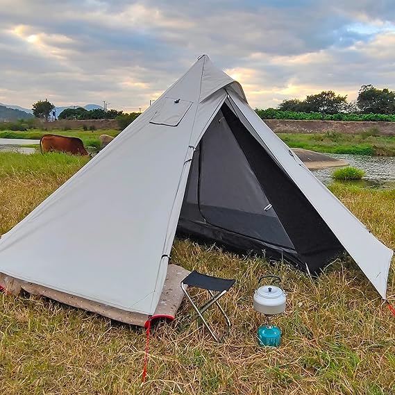 Outdoor Ultralight Pyramid Tent with Chimney Hole - Waterproof Indian Hot Tent for 1-2 Persons - Ideal for Camping and Hiking Adventures