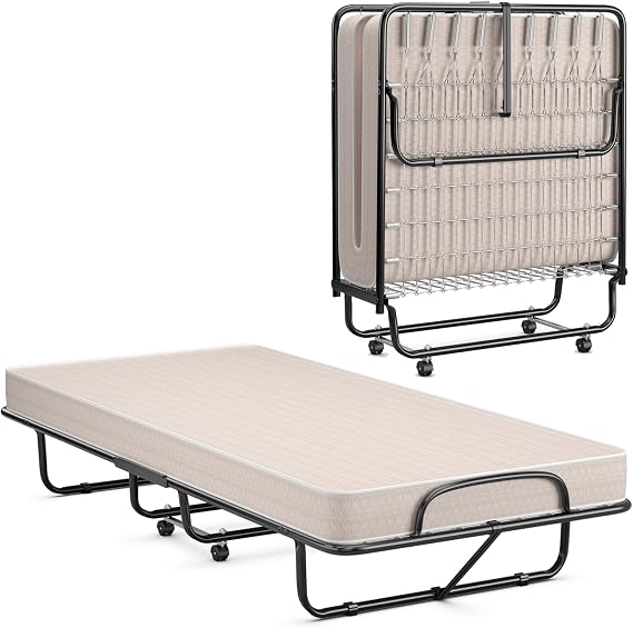 KOMFOTT Twin Folding Bed with 5 Inch Mattress Twin Size, Rollaway Bed with Memory Foam Mattress, Portable Fold Up Guest Bed with Sturdy Steel Frame on Wheels for Home & Office, Made in Italy