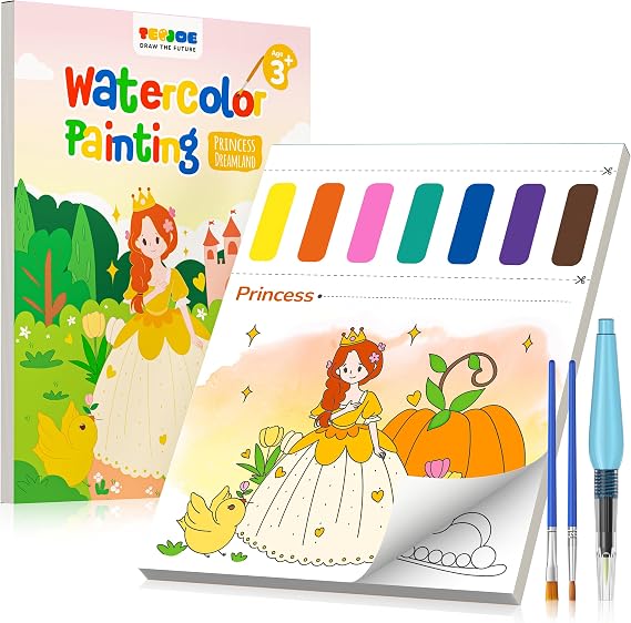 TECJOE Paint with Water Coloring Books for Toddlers, Princess Series Watercolor Set with 3 Brushes, Mess Free Painting Activity for Kids Ages 4 5 6 7 8, Christmas Gifts Arts & Crafts Toy