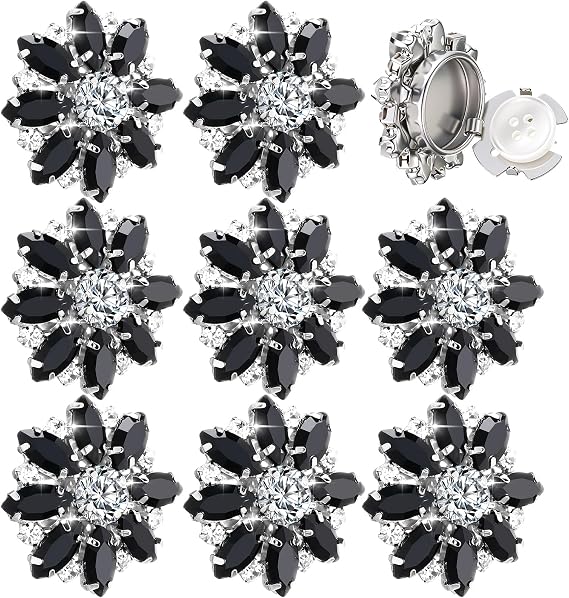Knitgrip 8 Pcs Rhinestone Flower Button Covers for Women 30mm Clips Buttons Jewelry Clip Crystal Button for Crafting DIY Clothing(Black,Horse Eye)