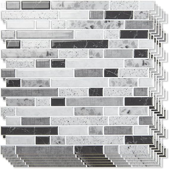 Art3d Linear Design Tile Peel and Stick Backsplash, 10-Sheet, Carrara Grey | 12 x 12 Inch, Enhanced Thickness, Warp Resistant, Strong Adhesion, Sturdy, for Kitchen, Bedroom, Ideal for Home Improvement