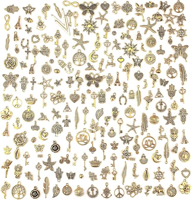 JIALEEY 200Pcs Tibetan Antique Gold Charm Mixed Pendants DIY for Bracelet Necklace Jewelry Making and Crafting