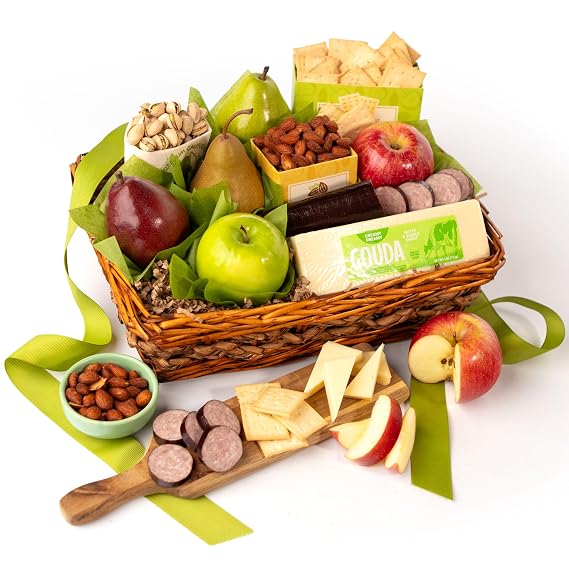 A Gift Inside Fresh Fruit, Nut, Meat and Cheese Gift Basket - Mixed Fresh Fruit Gift Basket for Corporate Gifts, Holidays, Thank You, Get Well & Sympathy