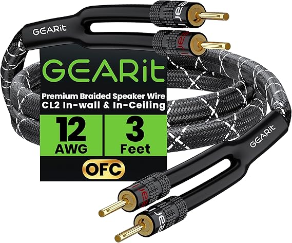 GEARit Speaker Cable with Banana Plugs 3 ft 12 Gauge,OFC Speaker Wire CL2 Rated with Gold-Plated Tips,Braided Speaker Cables for Audiophiles,Hi-Fi Systems,Home Theater,Amplifiers & Speakers(Black)