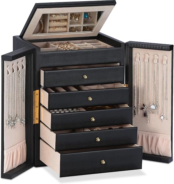 Dajasan Large Jewelry Organizer Box, 6-Tier Jewelry Storage Case with 5 Drawers, Jewelry Boxes for Women Girls with Mirror, Double Door, Textured PU Leather, Gift Idea, Stylish (Black + Gold)