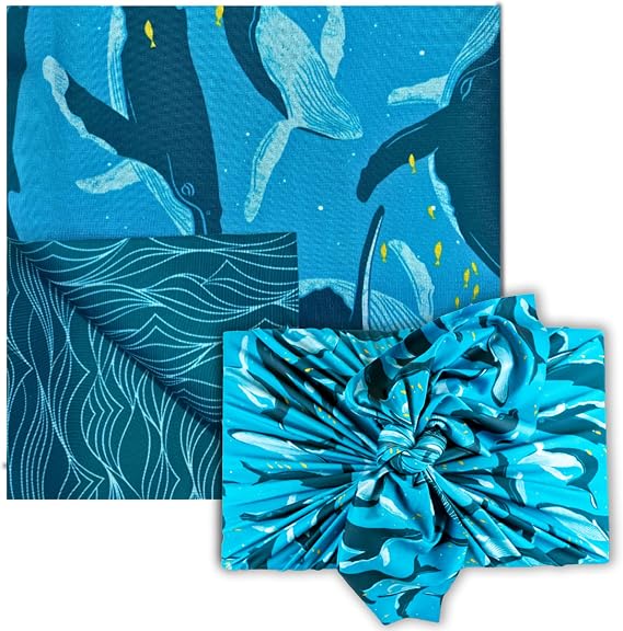 SHIKIWRAP Reusable Cloth Gift Wrap Small 18" Whales/Waves Eco-Friendly Reversible, Stretchy Furoshiki Fabric Wrap for Birthday Gifts, Holidays, Special Occasions & Sustainable Living