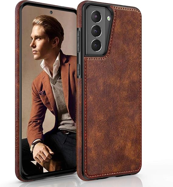 LOHASIC for Galaxy S21 Case 5G, Premium Leather Luxury PU Non-Slip Grip Rugged Bumper Shockproof Full Body Protective Cover Men Women Phone Cases for Samsung Galaxy S21 6.2 inch (2021) - Brown