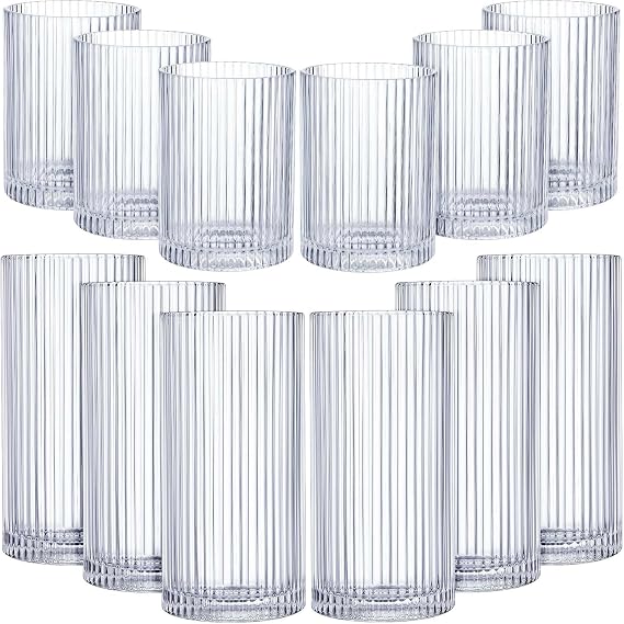 Zhehao 12 Pcs Ribbed Drinking Glasses Clear Vintage Cups Set, 9 oz 12 oz