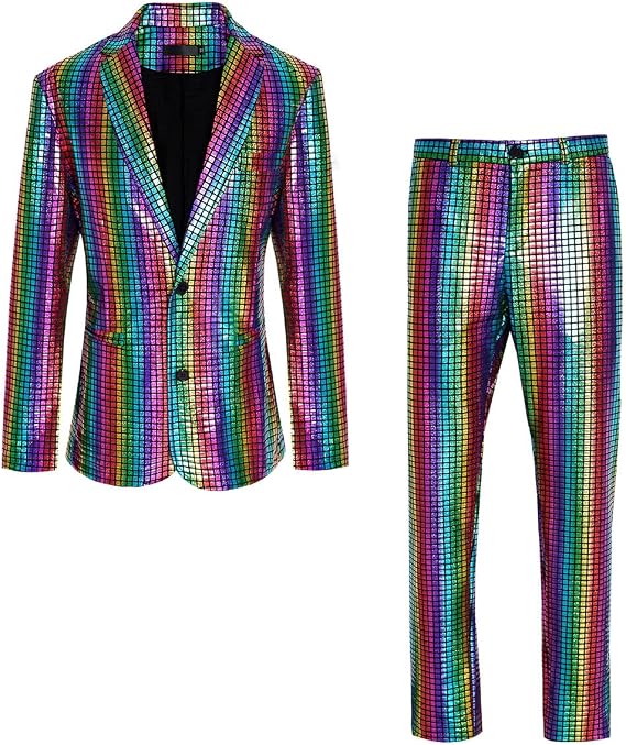 Men's 70s Disco Outfit Sequin 2 Piece Blazer and Pants Shiny Suit