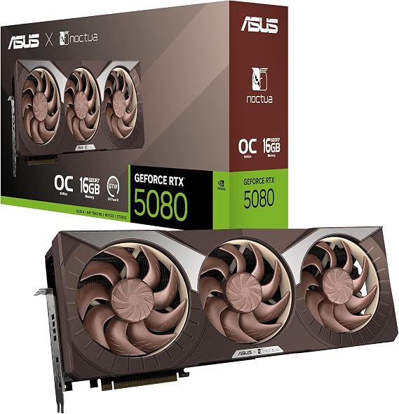 ASUS GeForce RTX 5080 16GB GDDR7 Noctua OC Edition Gaming Graphics Card (Nvidia RTX5080, NVIDIA Blackwell, DLSS 4, PCIe 5.0, 2X HDMI 2.1b, 3X DisplayPort 2.1b, RTX5080-O16G-NOCTUA)