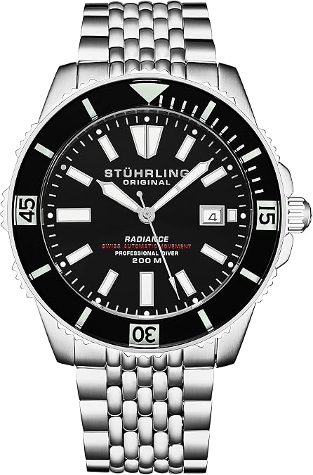 Stuhrling Original Men's Automatic Dive Watch with Swiss Movement, Silver Stainless Steel Case, Stainless Steel Beaded Bracelet