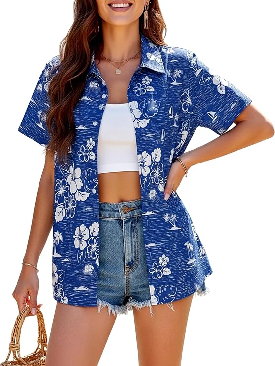 YOGINGO Hawaiian Top for Women, Tropical Short Sleeve Aloha Beach Shirt, Vacation Casual Button Down Blouse