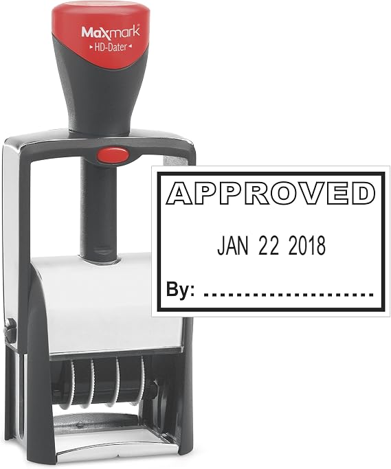 MaxMark Heavy Duty Self Inking Date Stamp with Phrase Approved - Black Ink