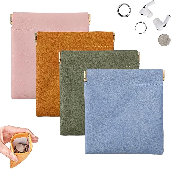 4 Pack Squeeze Coin Purses, 3.5 x 3.1 Inch PU Leather Mini Change Purse for Women, Small Coin Purse for Coins, Jewelry, Earbuds and Travel Essentials