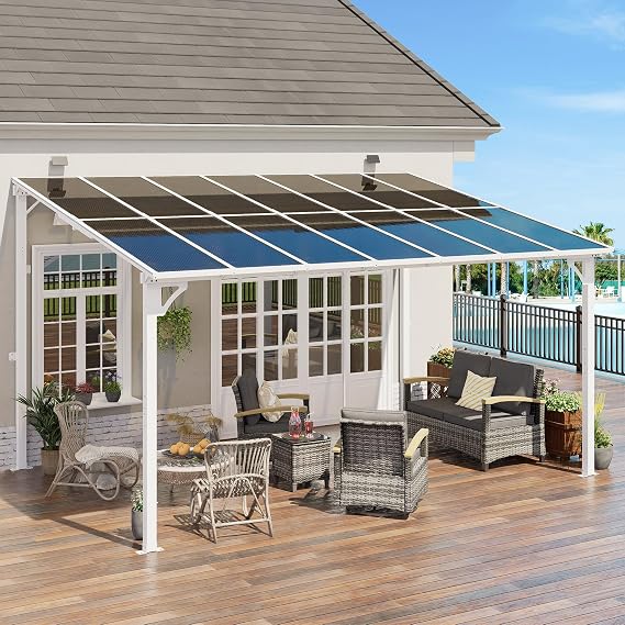 MEISSALIVVE 10' x 14' Wall Mounted Gazebo Lean to Metal Awnings with Sloped Roof, Outdoor Patio Gazebo Awning for Backyard, Deck, White