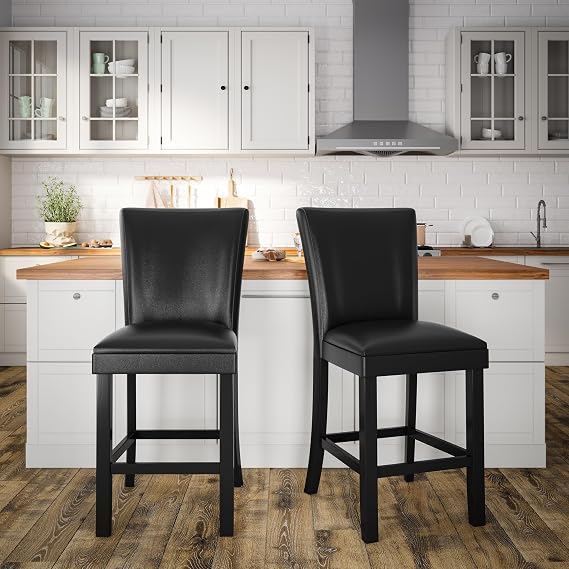 Counter Bar Stools Set of 2, Solid Wood Bar Chairs, Holds Up to 250 Lbs, 40H Dinning Chairs with Waterproof Surface, Fuax Leather, Upholstered Stools for Kitchen Restaurant Black ZBY1331BK