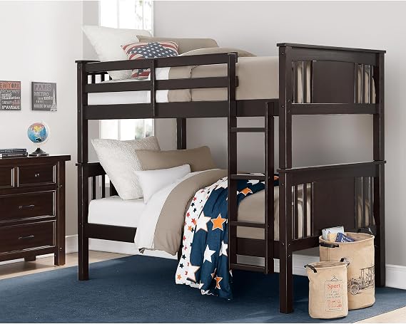 DHP Dylan Convertible Wood Bunk Bed, Stackable and Detachable Bed Frames for Kids and Teens, with Ladder, High Guardrail, Wood Slats, No Boxspring Required, Twin-Over-Twin, Espresso