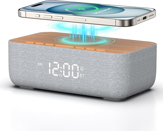 REACHER Alarm Clock Radio with Wireless Charging, Fast Magnetic Charging for Phone/iPhone, Bluetooth Speaker, FM Radio, Dimmable Digital Clock for College Dorm, Bedroom, Bedside, Desk