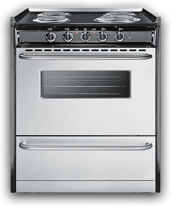 Summit 30 Electric Range, Stainless Steel- TEM210BRWY | 220V Electric, 4 Coil Burners, 3.7 cu.ft. Oven, ADA Complaint, Made in the USA