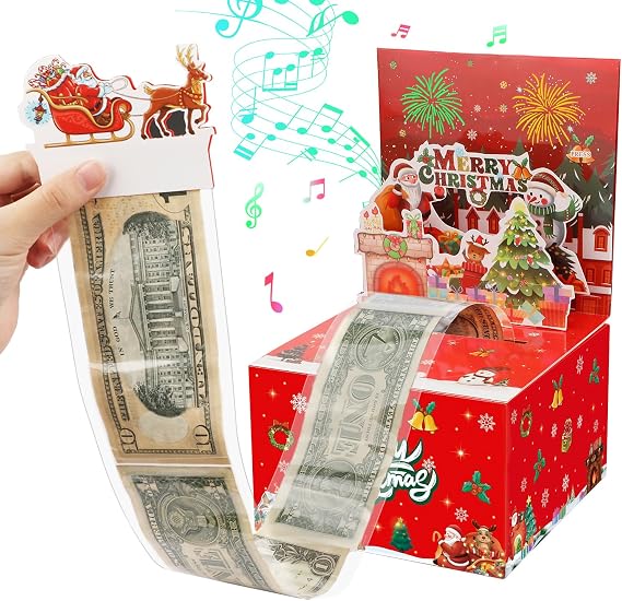 Christmas Money Holders for Cash, Money Box for Cash Gift Pull, 3D POP UP Christmas Cards with Music and Light