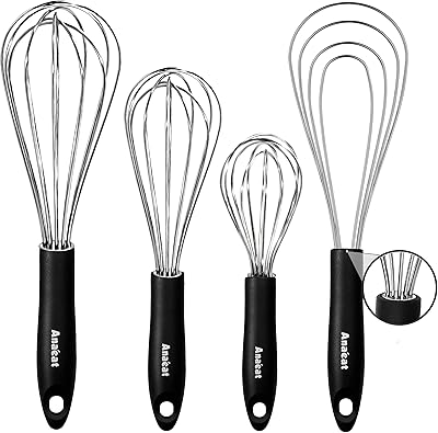 Anaeat Stainless Steel Kitchen Whisk Set of 4, Milk and Egg Beater Blender with Thick Wire for Whisking, Cooking, Baking, Beating and Stirring - 11 Flat Whisk and 8.510.512 Balloon Whisks