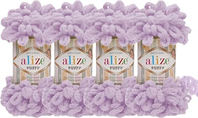 100% Micropolyester Soft Yarn Alize Puffy Hand Knitting Yarn Super Chunky Bulky Woven Worested Yarn Lot of 4skn 400gr 40yds Color 27 Light Lilac