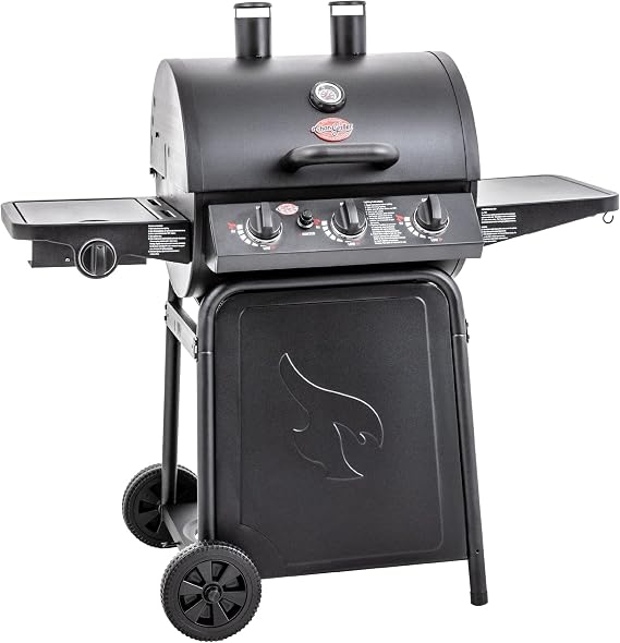 Char-Griller Grillin' Pro 3-Burner Propane Gas Grill in Black with 40,800 BTU, Cast Iron Grates and Warming Racks, 630 Cooking Square Inches, Model E3001