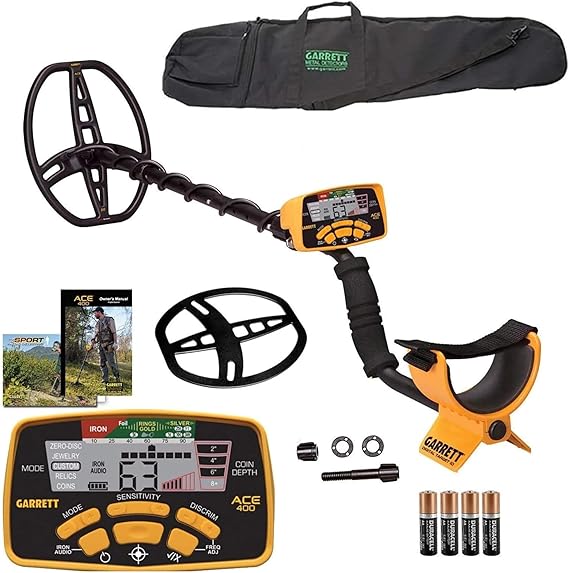 Garrett ACE 400 Metal Detector Bundle Digital Target ID, Iron Audio, Adjustable Frequency, Includes Carry Bag, Searchcoil Cover