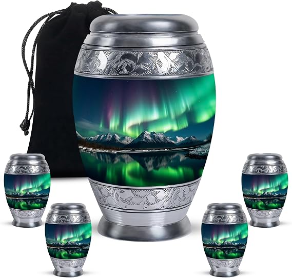 Northern Lights Keepsake Urns for Human Ashes - Combo1 Large Urn with Velvet Bag & 4 Small Urns for Human Ashes Keepsake - Urn for Ashes Adult Male - Small Cremation Urns for Human Ashes