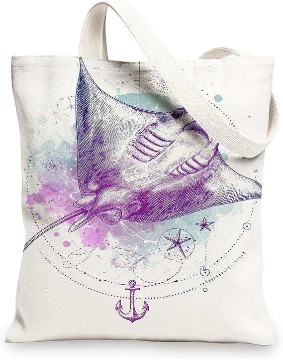Artistic Canvas Tote Bags, Vintage Stingray Print Reusable Grocery Bags, Lightweight Washable Shoulder Strap Canvas Bags fo