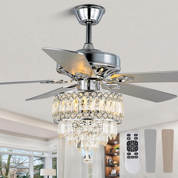 52 Inch Crystal Chandelier Ceiling Fan with Lights and Remote | Farmhouse Fandelier Ceiling Fans Silver Chandelier for Bedroom Living Room, Reversible 6 Speeds, 3 E26 Bulbs (Not Included)
