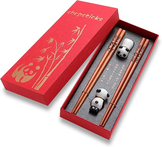 Cute Panda Chopsticks and Rest Gift Set, Reusable Wooden Chopsticks with Ceramic Holder and Red Gift Case for Wedding, Anniversary, Birthday Presents (2 Pairs)