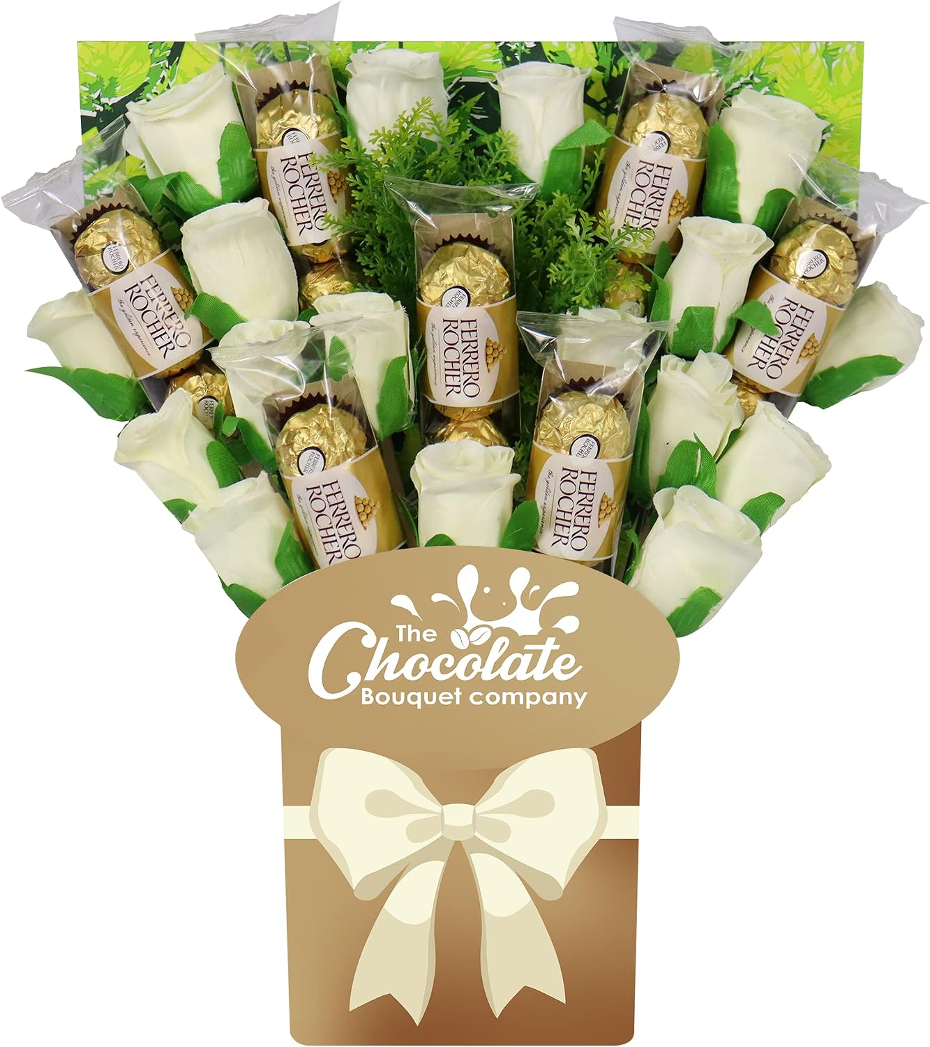 Chocolate Bouquet Company | Ferrero Rocher All Occasions Chocolate Large Gift Hamper Box | with Ivory Silk Roses | 21 Truffles Deluxe, Gold Classic, Gold