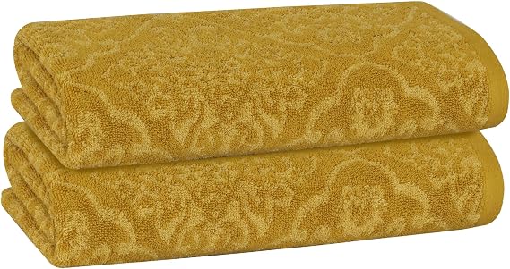 2 Pack Damask Hand Towel, Bath Towel, and Bath Sheet Towel, 100% Cotton Yarn Dyed, Lux Drying Experience, Great for Hands and Body, Perfect for Spa & Home Use (Gold, Bath Towel)