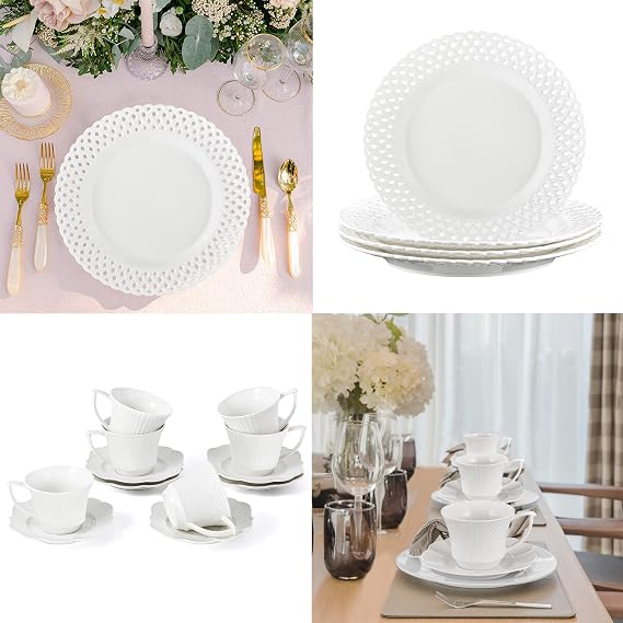 fMBB New Bone China Dinner Plates with Lace Rim, Set of 4, and Coffee Tea Cup with Saucer Set of 6, Elegant Collection for Home Kitchen and Party Wedding Gift Idea, Microwave and Dishwasher Safe