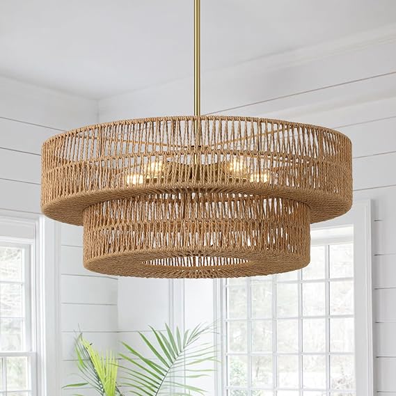 22" Boho Rattan Chandelier, 5-Light Rattan Pendant Light