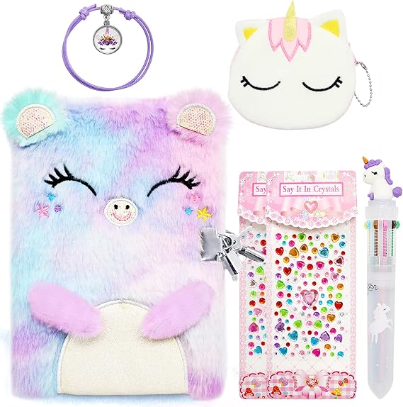 Secret Diary with Lock for Girls, Plush Cat Journal Notebook Set with Unicorn Coin Purse/Pen/Bracelets/Crystal Heart Stickers, Cute Girls Birthday Gifts for Age at 6 7 8 9 10 Years Old