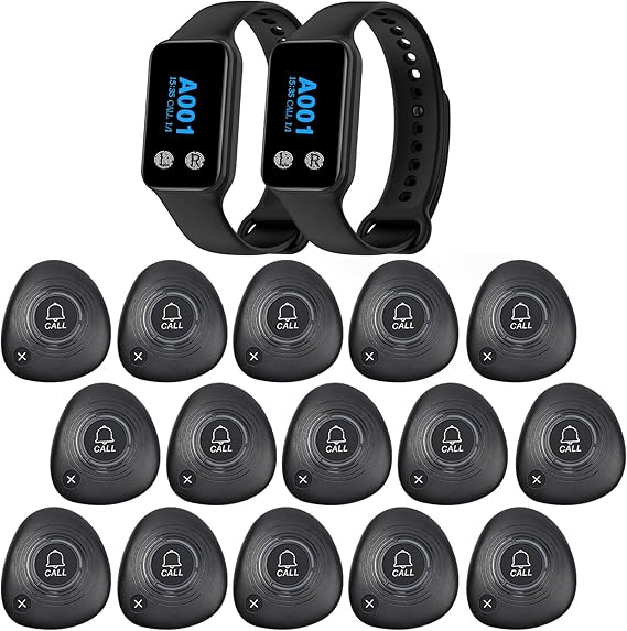 Wireless Restaurant Pager System Calling Pager System with 2 Waterproof Watch Pager and 15 Call Buttons with Cancel Key