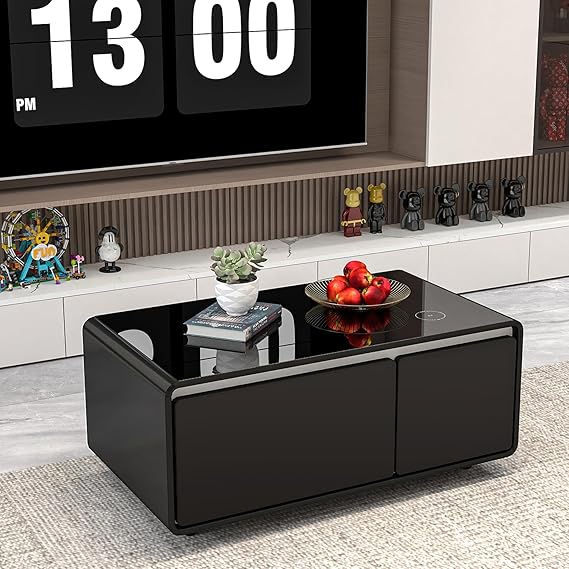 Modern Smart Coffee Table with Built-in Fridge, Wireless Charging, Power Socket, USB Interface, Outlet Protection, Mechanical Temperature Control and Ice Water Interface, Black