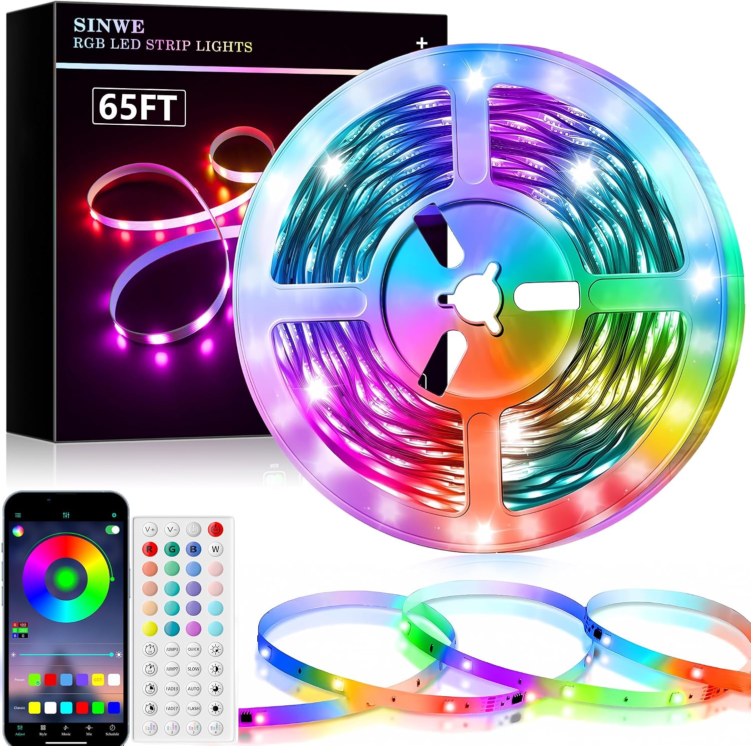 SINWE 20M Led Strip Lights, Music Sync Led Lights with 44 Keys Remote and App Control, Color Changing RGB Lights for Bedroom Room Home Kitchen Party Christmas Decoration 65.6ft [Energy Class A]