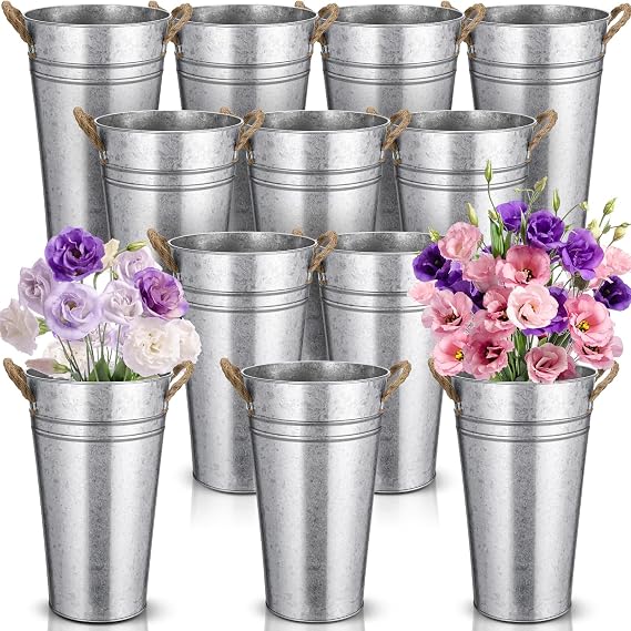 Bokon 12 Pcs 12 Inch Galvanized Flower Buckets Bulk Wedding Bar Supplies