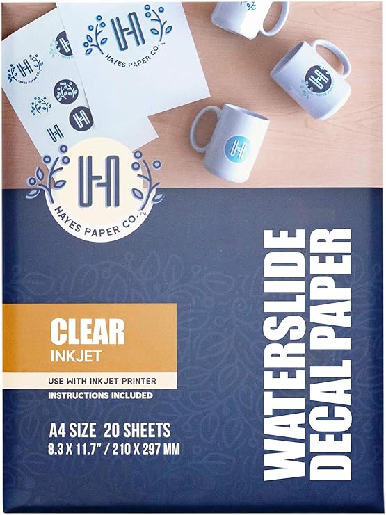Hayes Waterslide Decal Paper for Inkjet Printers 20 Clear A4 Sheets (8.25 x 11.7") | Quick Dry, Strong Adhesion, Easy Application | Premium Transfer Paper 200gsm for DIY Crafts