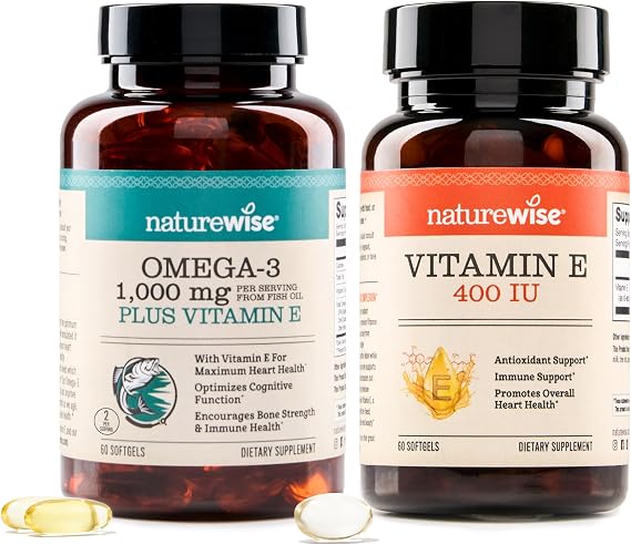 NatureWise Extra-Strength Omega 3 Fish Oil 1000mg 60 Count + Vitamin E 400 IU (180mg DL-Alpha) 60 Count - Bundle for Immune, Bone, Heart Health Support - Gluten Free, Non-GMO, Halal Gelatin