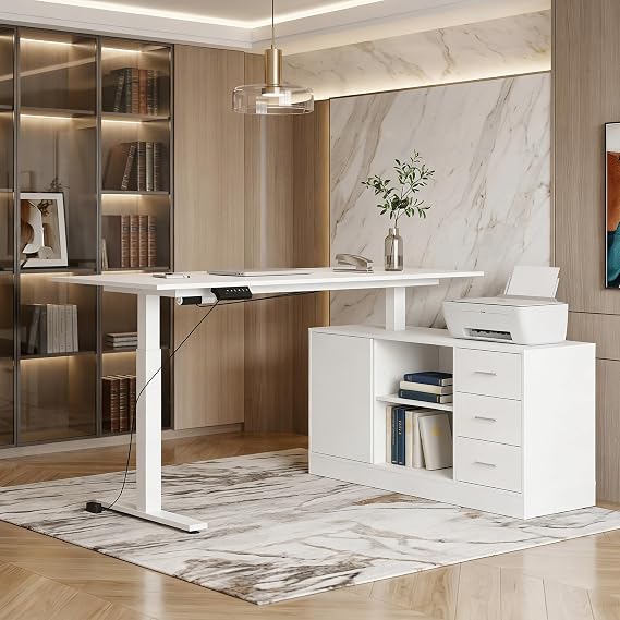 63" L Shaped Electric Standing Desk with File Cabinet, Height Adjustable Stand up Desk with Drawers and Shelves, Home Office Computer Gaming Table, White